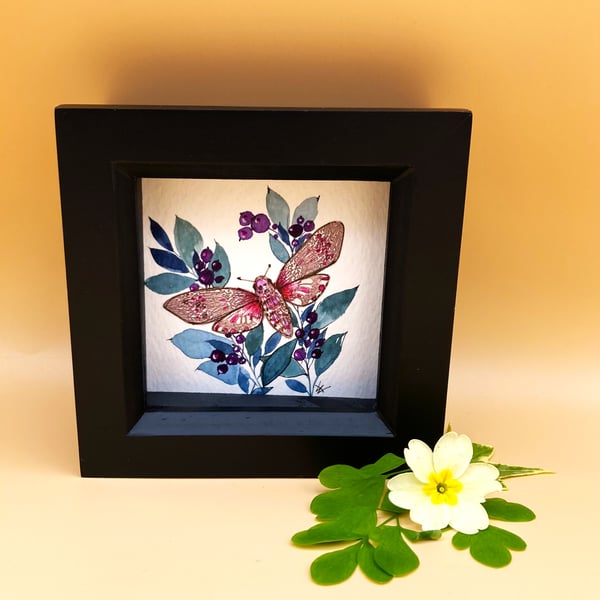 Pink Hawk Moth, Mixed media original floral painting, black box frame, signed. 