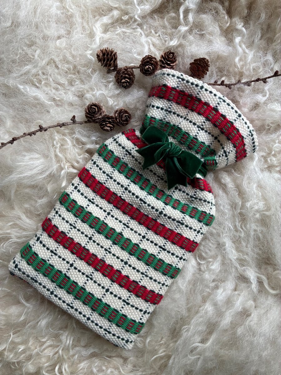 Mini Hot Waterbottle - Red & Green. Handwoven in Wales