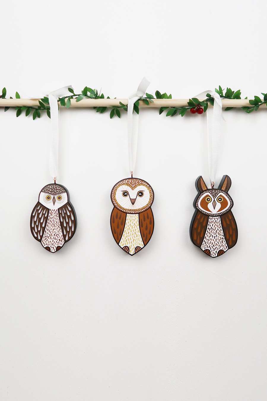 Owl hanging ornaments, set of 3 decorations for Christmas tree.