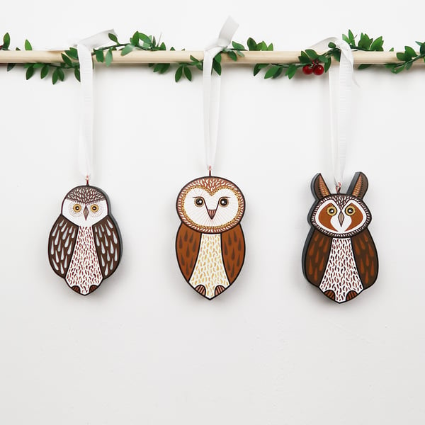 Owl hanging ornaments, set of 3 decorations for Christmas tree.
