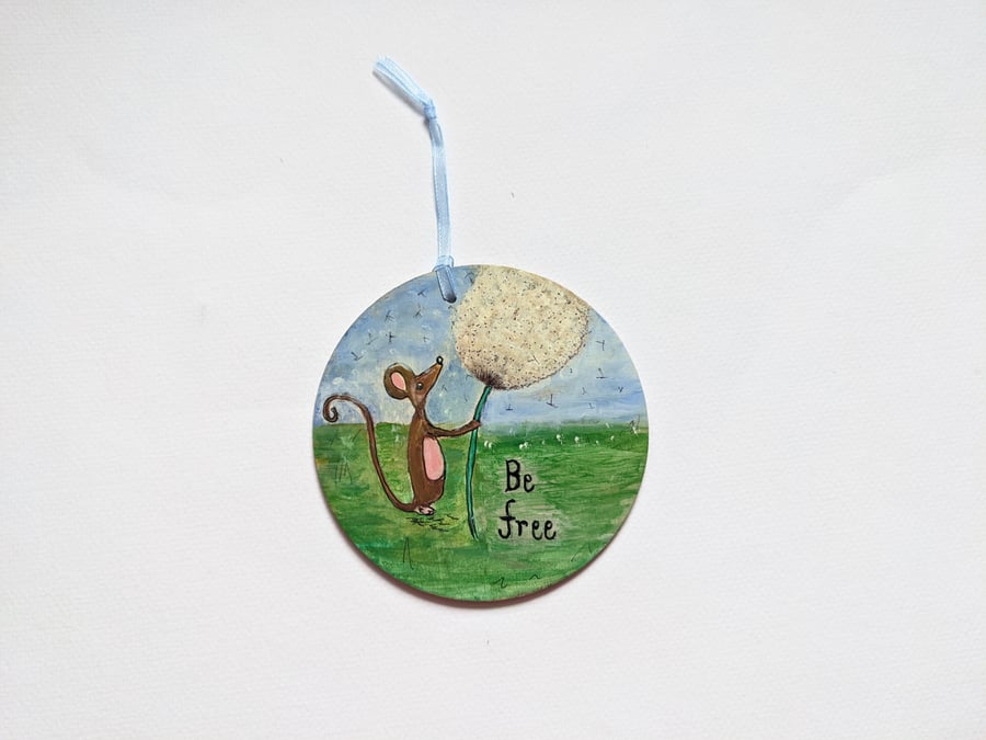 Mouse hanging wooden decoration, dandelion, nature, handpained, hanging plaque