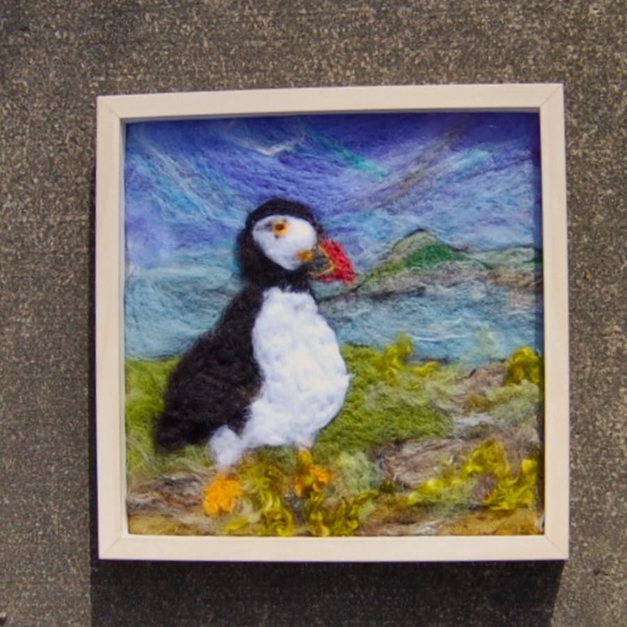  Puffin on the cliffs - Needle felt picture, textile art