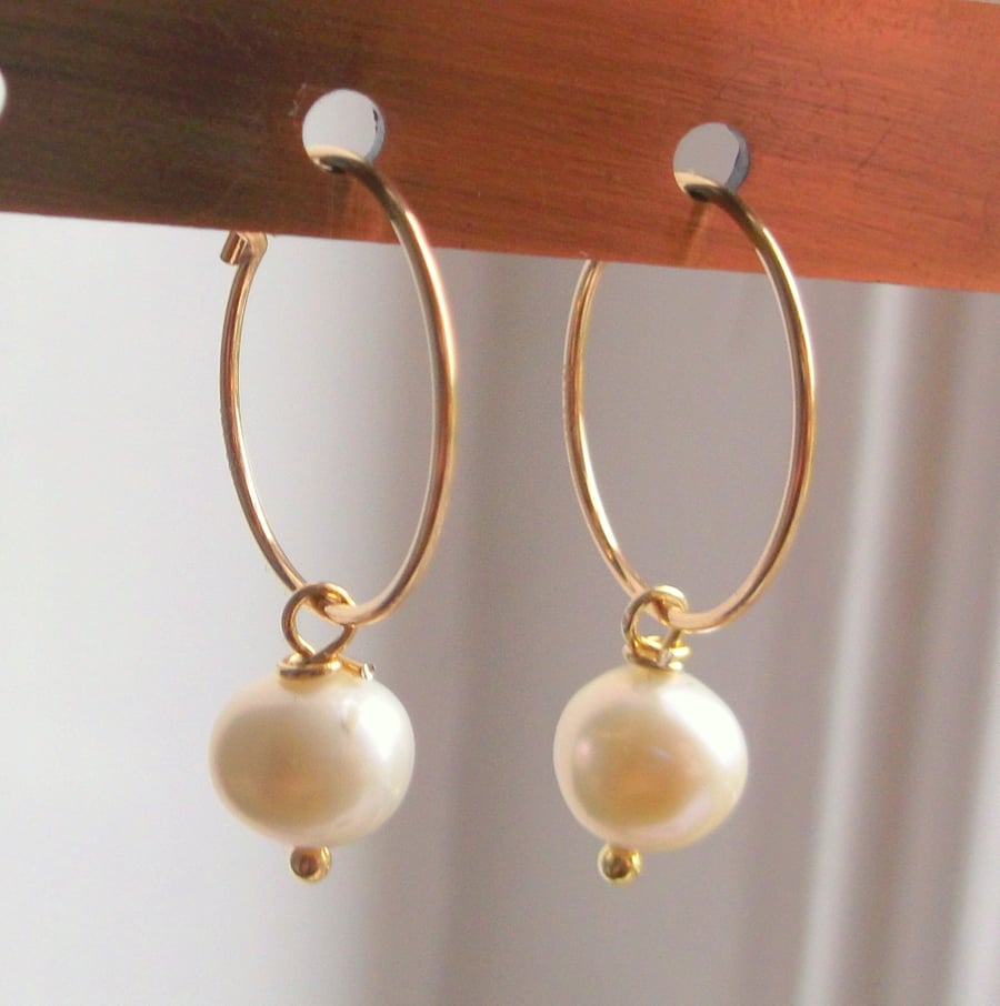 Gold Filled 15mm Hoop Earrings with Ivory Freshwater Pearl Drops