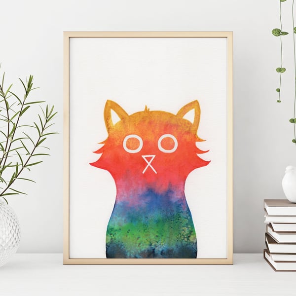 Positivity Cat Wall Art Print, Wellbeing Print, Rainbow Cat, Cat Art, Wellbeing 