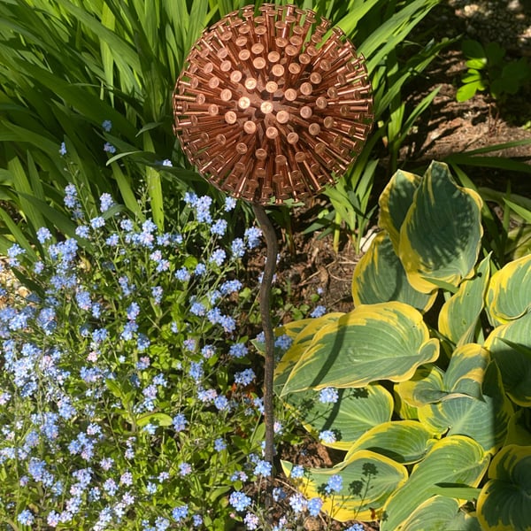 Iroko Wood and Copper Nail Dandelion Garden Feature