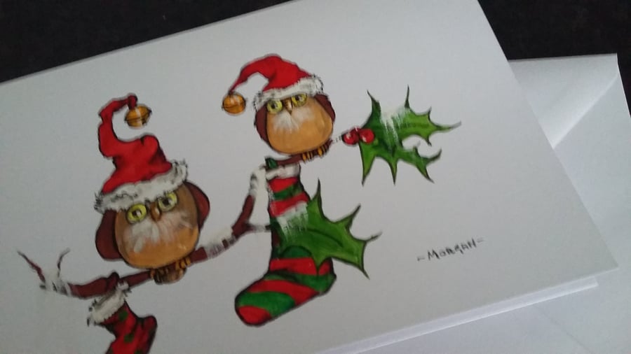 HAND PAINTED OWL CHRISTMAS CARD