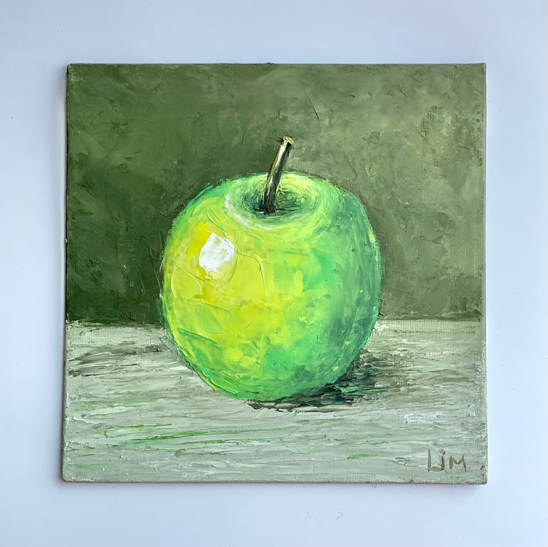 Green Apple Painting Fruit Original Art Impasto Still Life Artwork Farmhouse Kit