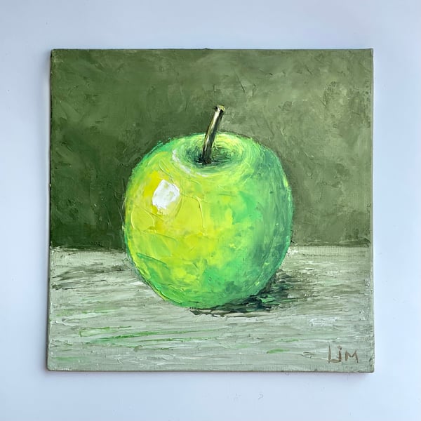 Green Apple Painting Fruit Original Art Impasto Still Life Artwork Farmhouse Kit