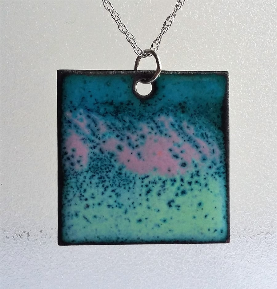 Large square multicoloured copper enamelled pendant 089