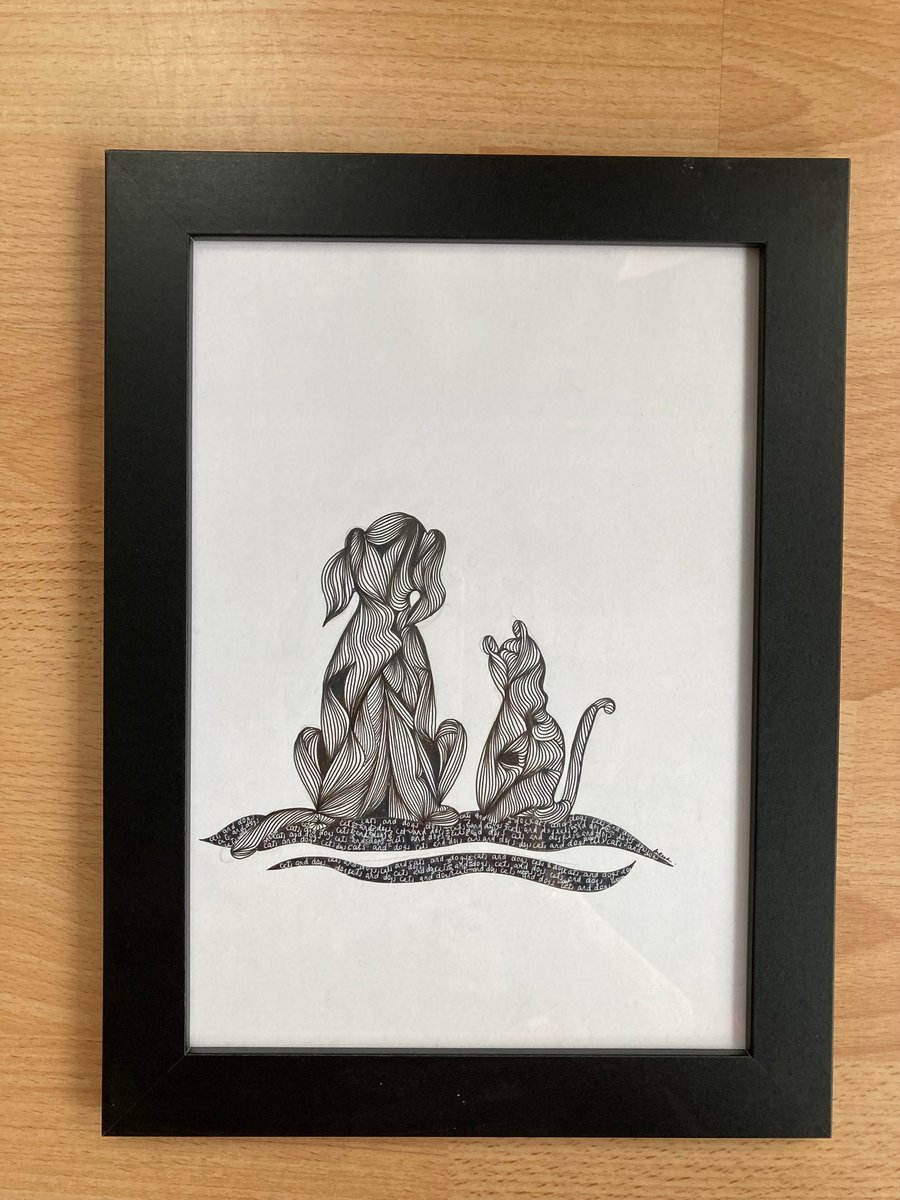 Cats and Dogs Pen Line Drawing Art Framed A4 Or... Folksy