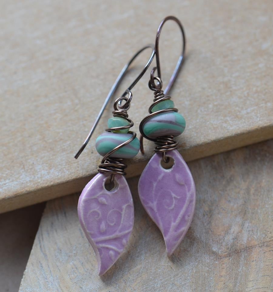 Pink Lampwork Leaf Charm Earrings with Turquoise Beads and Copper Earwires