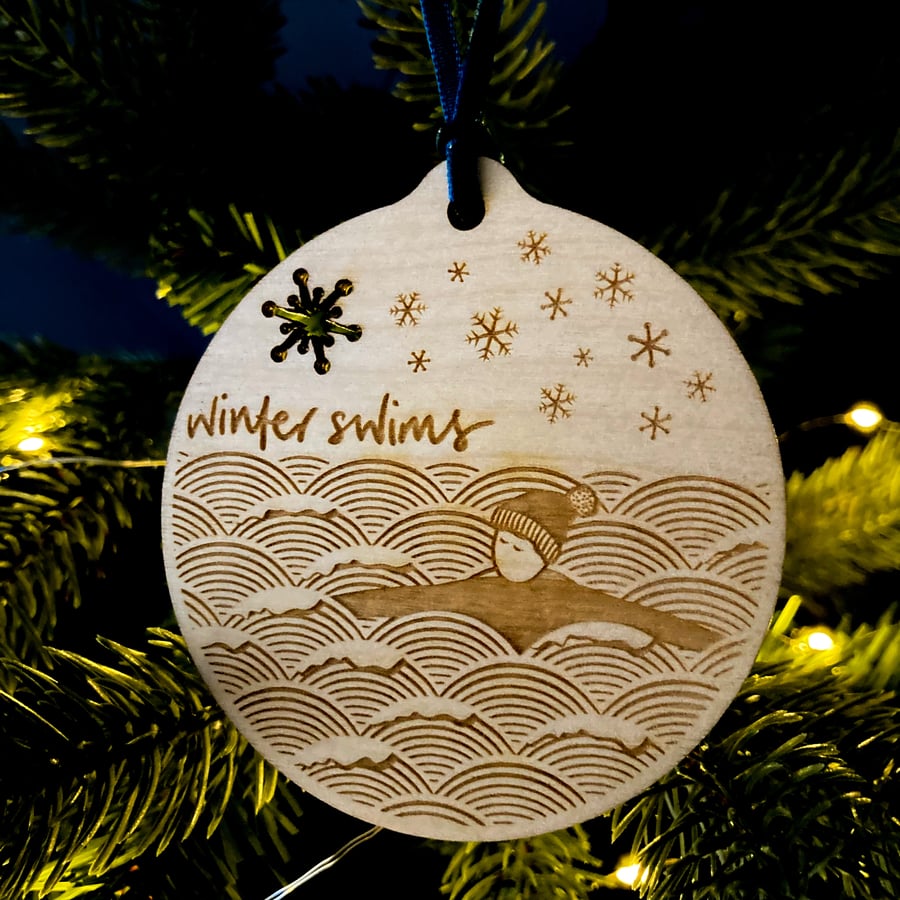 Wild swimming wooden laser etched bauble