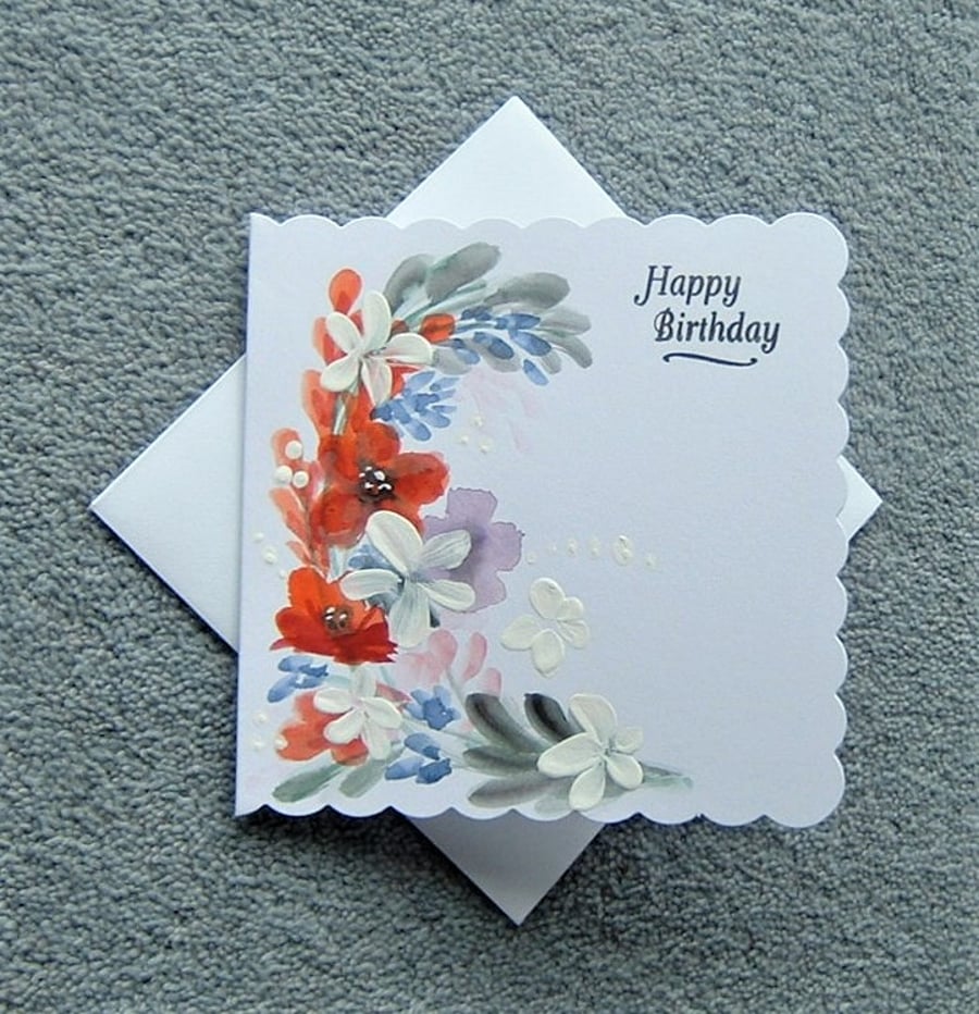 floral hand painted original art Birthday card ( ref F 136 )
