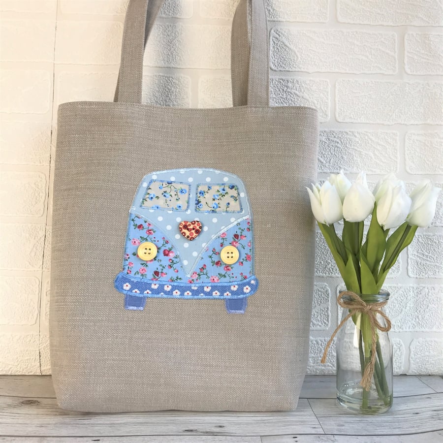 Camper van tote bag in pale beige with pale blue floral and polka dot camper van