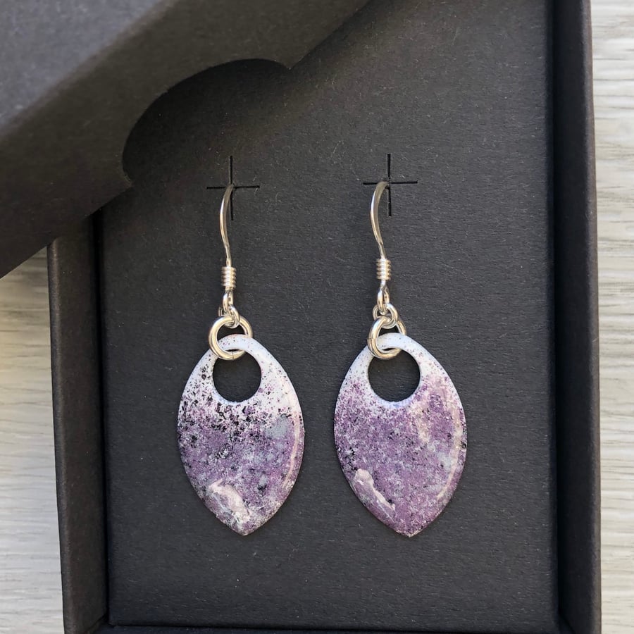 Purple enamel scale earrings. Sterling silver. 