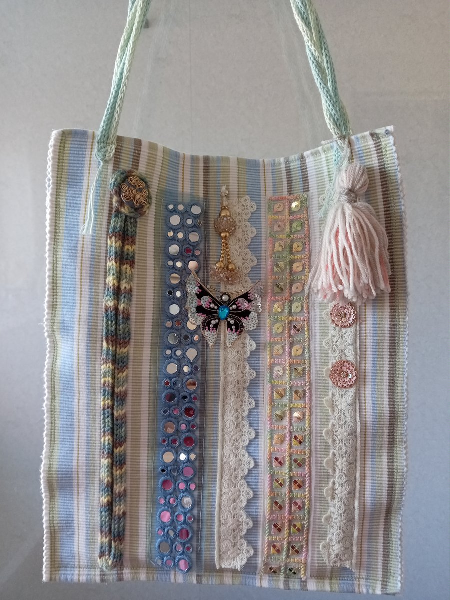 Very Pretty Pastel Striped Embellished Tote Laptop Bag