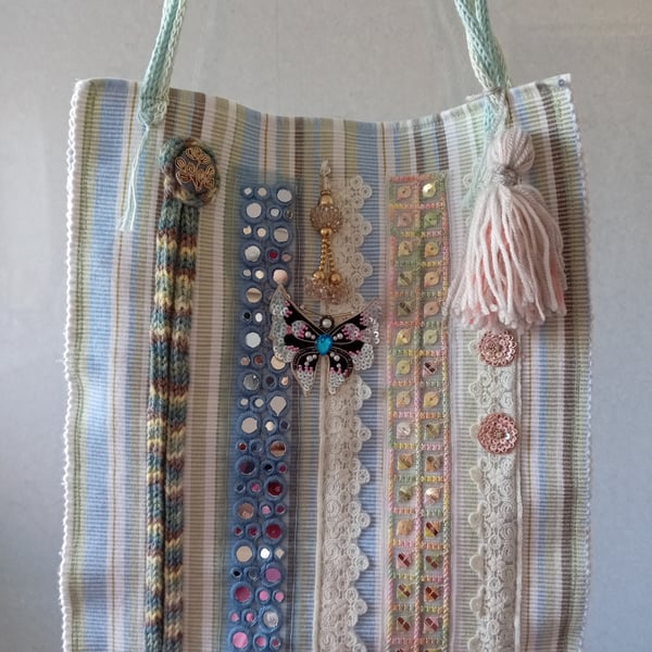 Very Pretty Pastel Striped Embellished Tote Laptop Bag