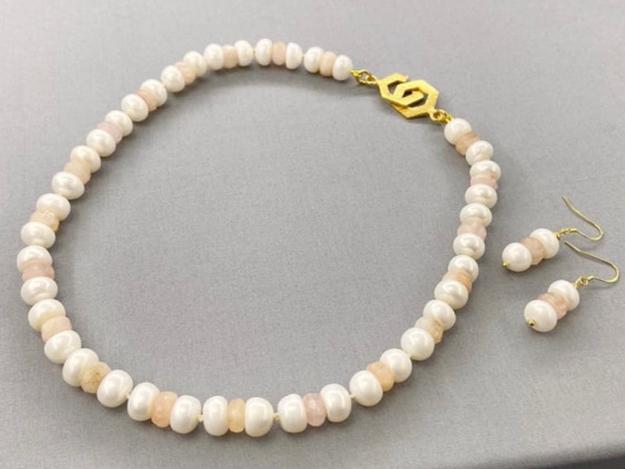 Morganite & Pearl Button Bridal Hand-Knotted Necklace & Earrings Set 