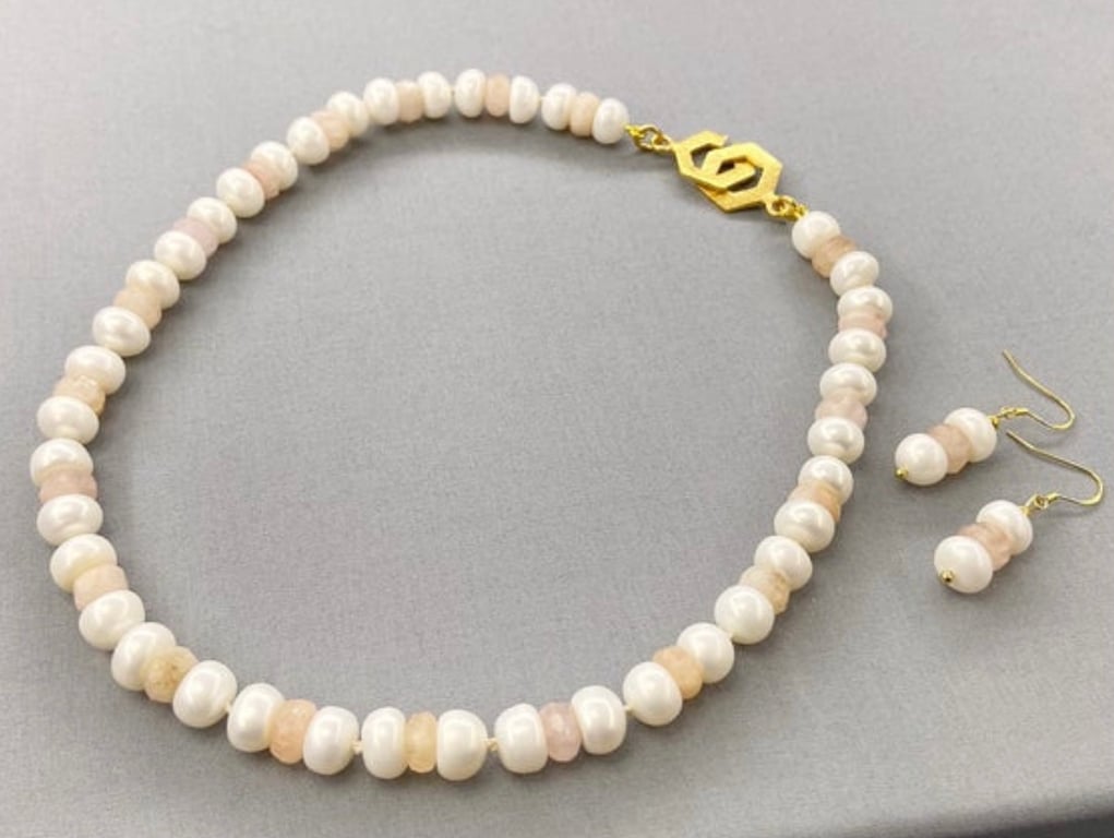 Morganite & Pearl Button Bridal Hand-Knotted Necklace & Earrings Set 