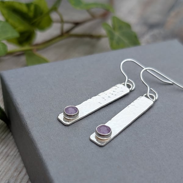 Sterling Silver Hammered Rectangle Earrings with Lavender Amethyst - JBJ1097