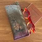 Wool glasses case with hand embroidered hare