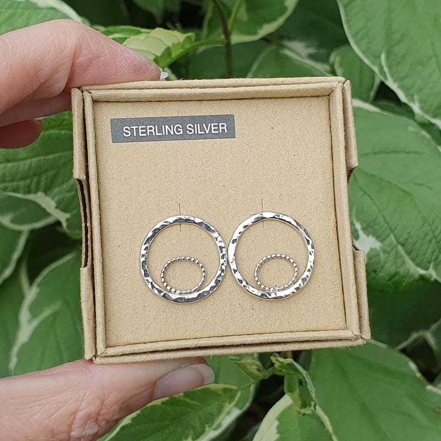 18mm Hammered Circle & Beaded Oval Stud Earrings (Sterling Silver)