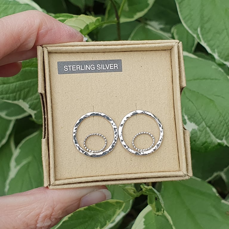 18mm Hammered Circle & Beaded Oval Stud Earrings (Sterling Silver)