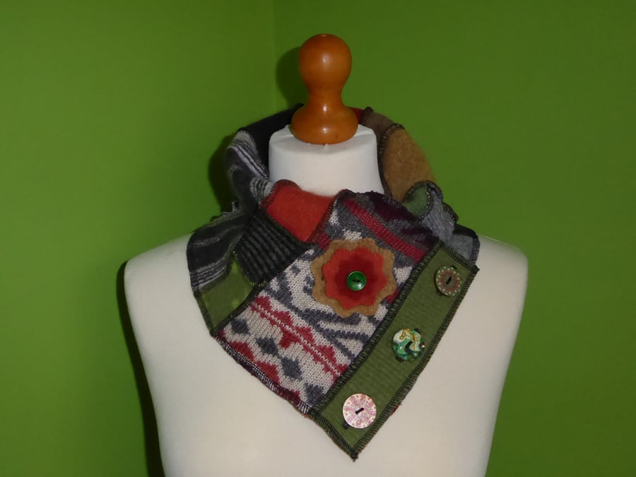 Neck Warmer Scarf with 3 button Trim. Upcycled Cowl. Felt Flower. Browns