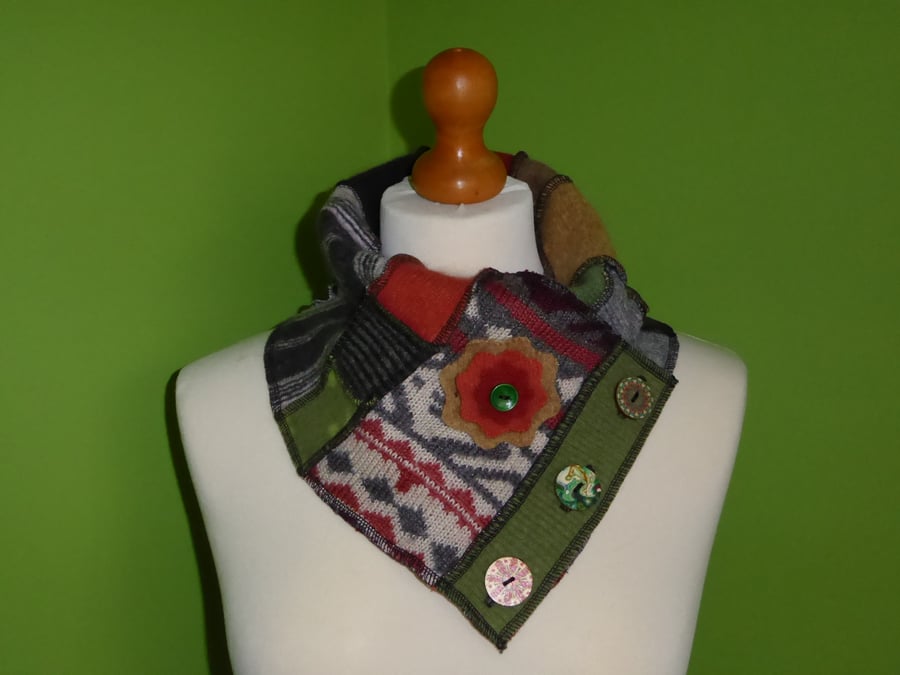 Neck Warmer Scarf with 3 button Trim. Upcycled Folksy