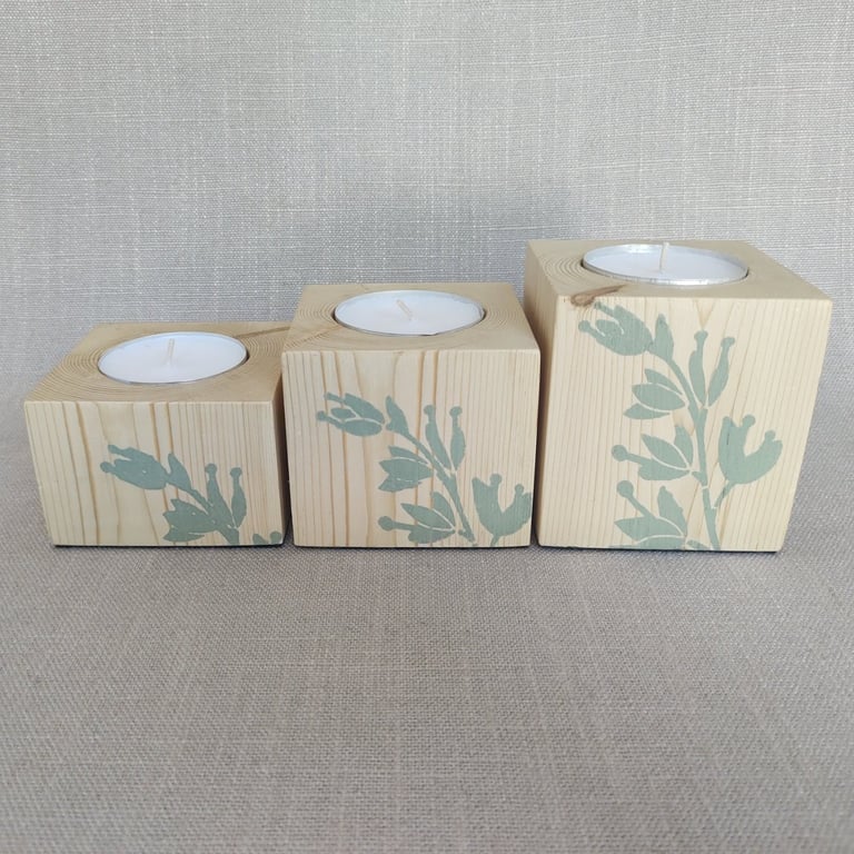 Large Tealight Holder Set Mint Green Stenciled Upcycled Wood Candle Block