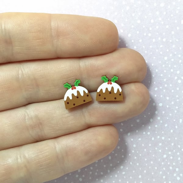 Christmas Pudding Earrings, Xmas Studs, Silver Plated or Sterling Silver Backs