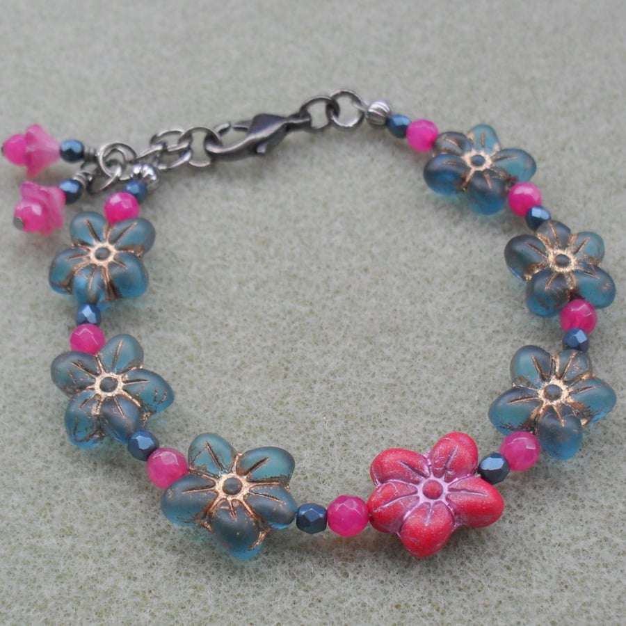 SALE Flower Bracelet with Czech Glass Beads and Semi Precious Gemstones Vintage