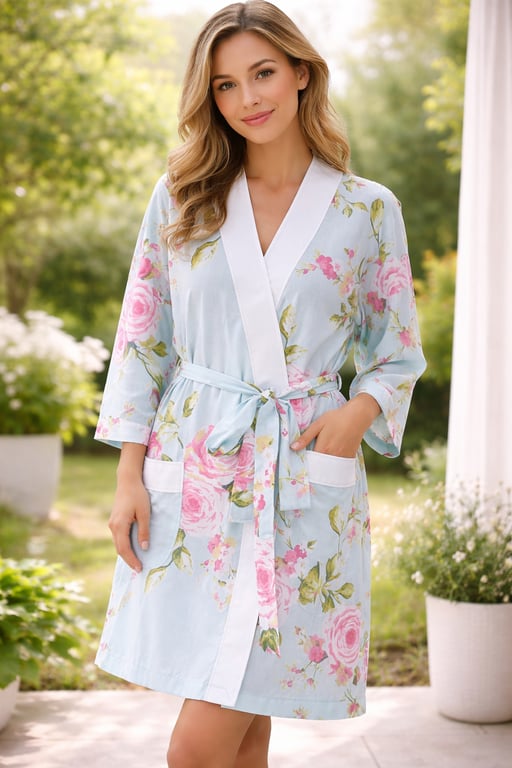 Bath robe pink rose floral kimono style dressing gown beach wrap upcycled textil