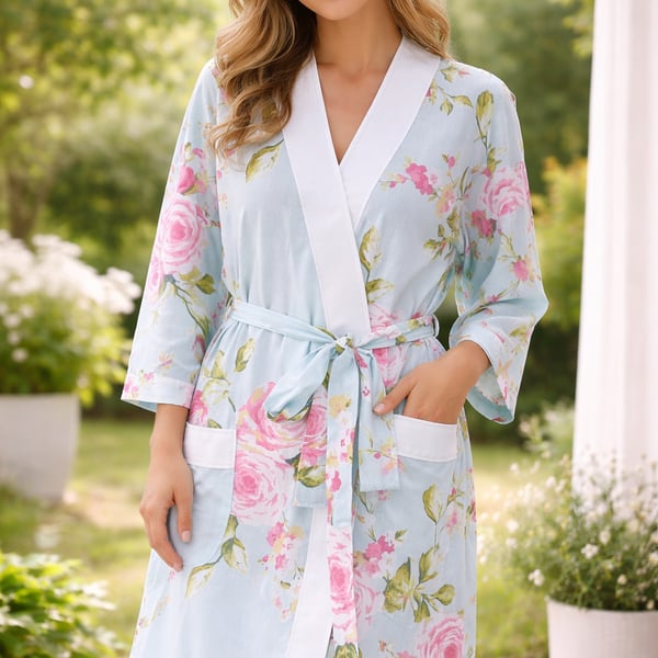 Bath robe pink rose floral kimono style dressing gown beach wrap upcycled textil