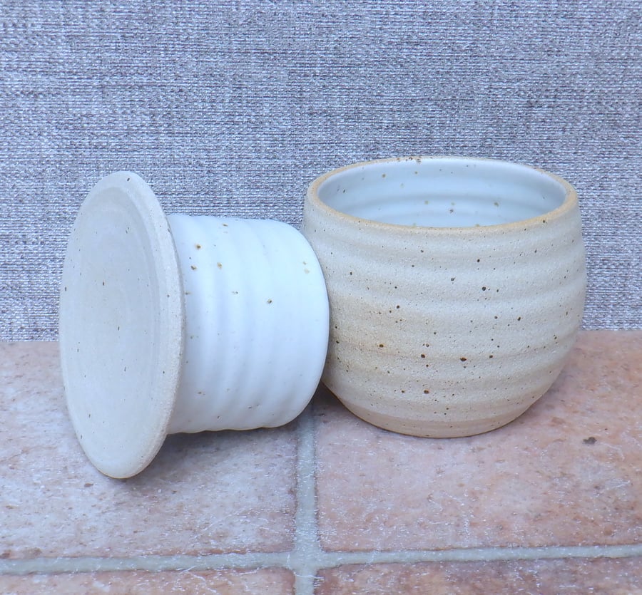 Large French butter dish crock keeper beurrier stoneware pottery ceramic hand