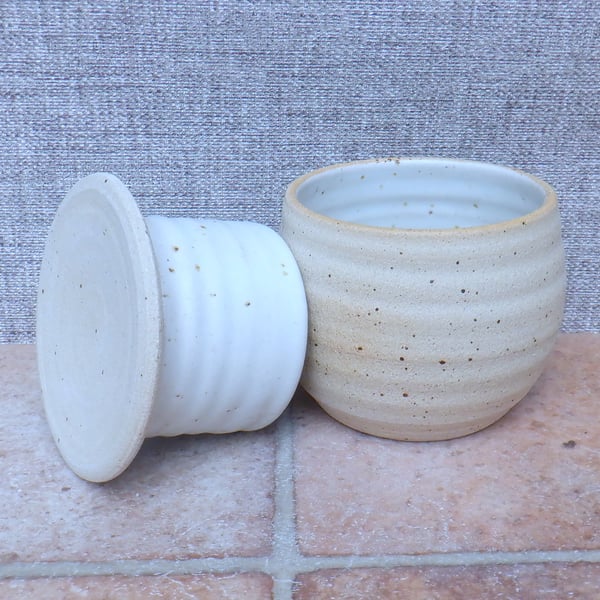 Large French butter dish crock keeper beurrier stoneware pottery ceramic hand