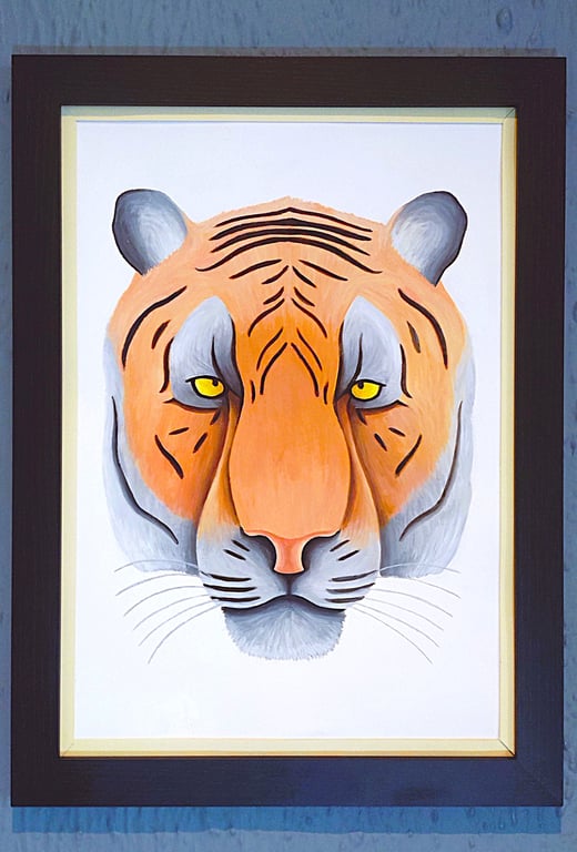 Handmade Unique Framed A3 Print Colourful Tiger Head Vanilla Border Wallart