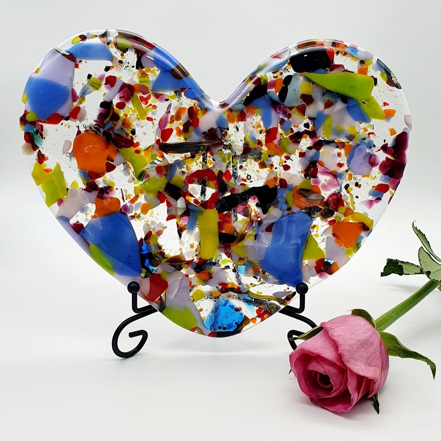 Fused Glass Large Heart on Black Stand