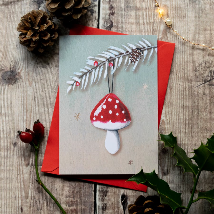 Red spotted mushroom Christmas card, A6