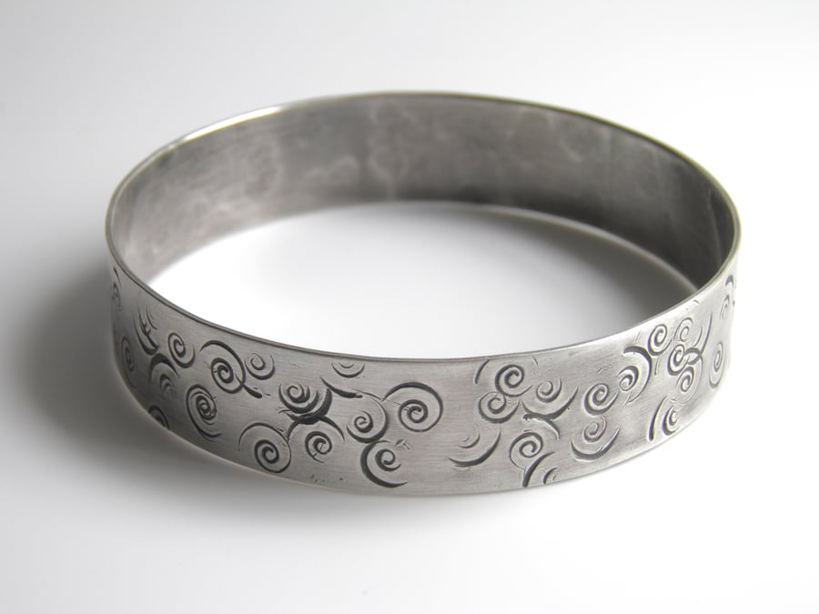 Sterling Silver Bangle, Wide Heavy with Spiral Design.