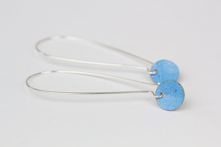 Sterling silver long hoop earrings with enamelled sky blue disc