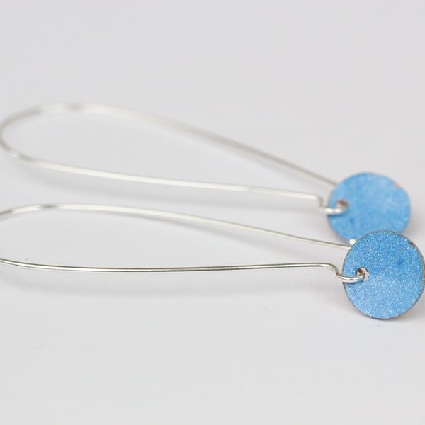 Sterling silver long hoop earrings with enamelled sky blue disc