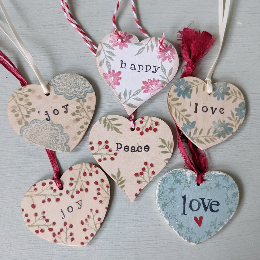 Seconds Sunday Hand Stamped Wooden Heart Hanging Decorations