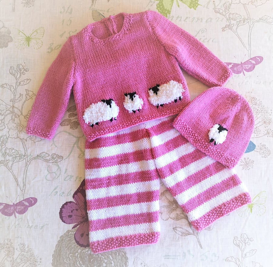 Sheep Knitting Pattern for Baby sweater trousers and hat outfit. Digital Pattern
