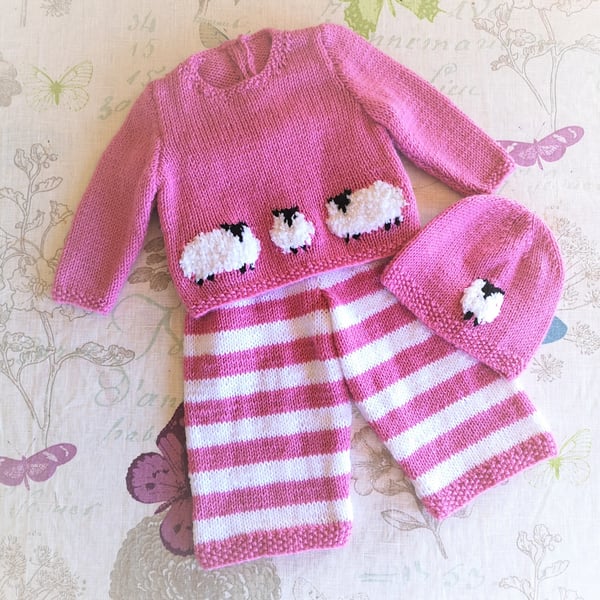 Sheep Knitting Pattern for Baby sweater trousers and hat outfit. Digital Pattern