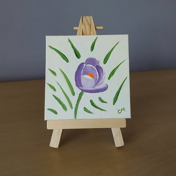 Crocus Spring Flower Acrylic Painting Small Canvas with Easel Purple
