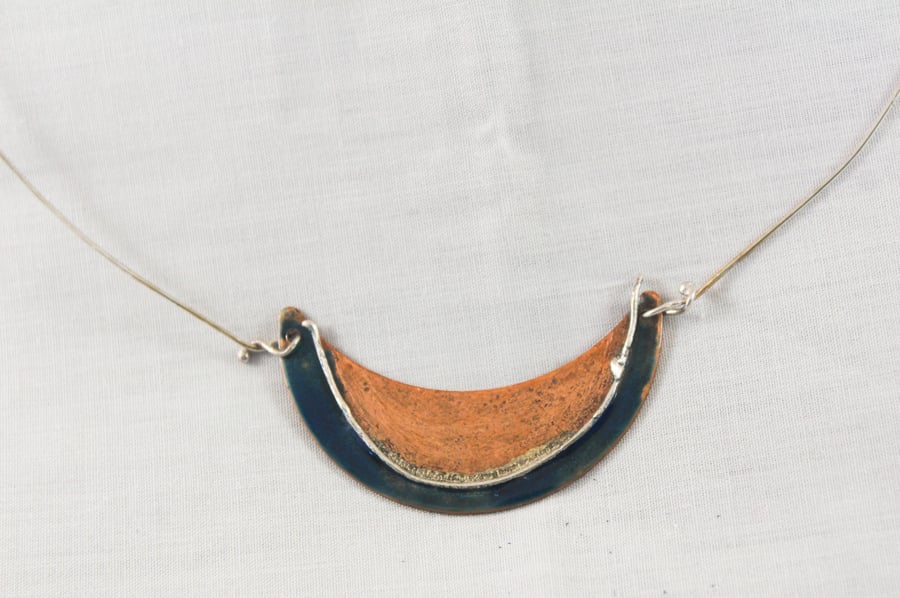 New Moon Copper, Silver and Enamel Pendant