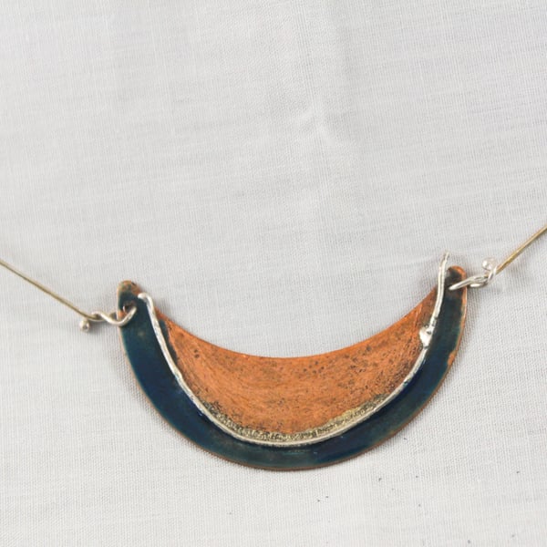 New Moon Copper, Silver and Enamel Pendant