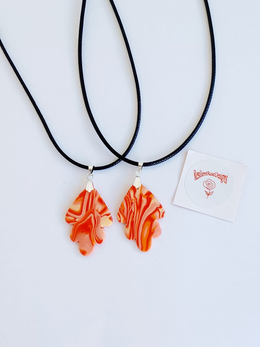 Orange marble effect unique polymer clay pendant