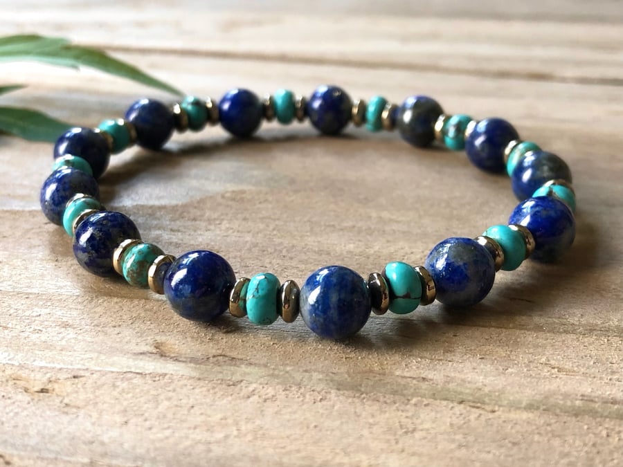 Lapis Lazuli & Turquoise Stretch Bracelet Gemstone Beaded Boho Bracelet